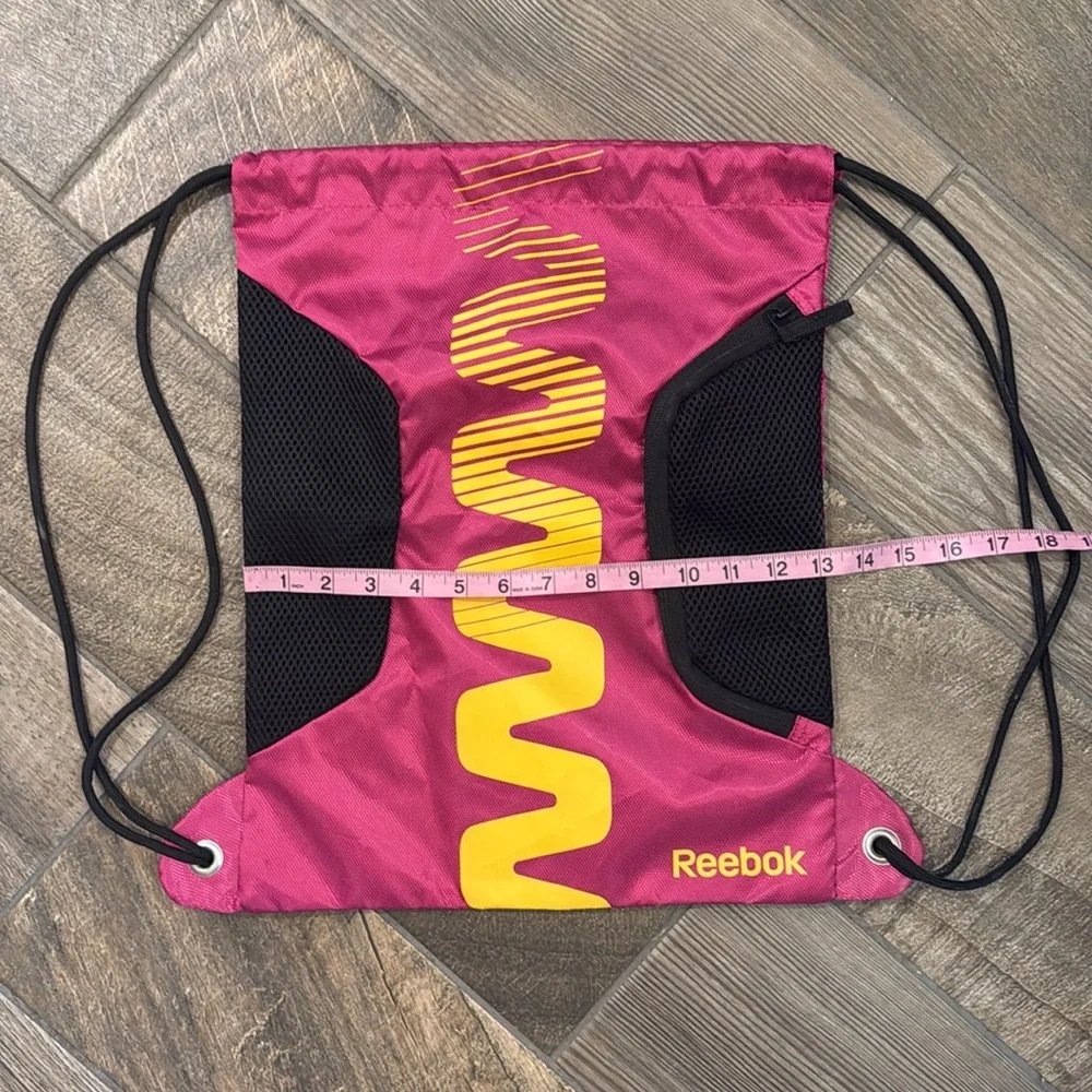 Reebok Pink Yellow Drawstring Backpack Gym Bag Cinch Sack Mesh Pockets Workout